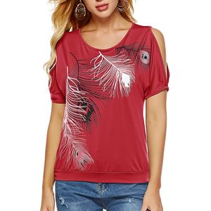 Vrouwen T-shirt Casual Zomer Blouse 2019 Short Batwing Mouw Losse Tops Koud Schouder Feather Print Shirt Plus Size Blouse 5XL