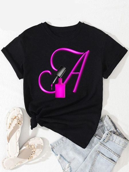 T-shirt Femme Nom Personnalisé Tops Lettre Combinaison Nail Art Police A B C D E Manches Courtes Noir Vêtements