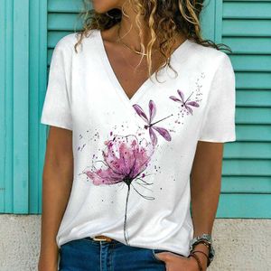 Camiseta de marca de moda de verano de manga corta para mujer con cuello en V de gran tamaño para mujer blanca camiseta 3d estampado de libélula Top ropa Casual