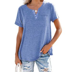 Vrouwen T-shirt Mode Solid V-hals Knop Slanke Tee Shirts Zomer Korte Mouw Borstzakken Tops Casual Zwart Blauw 210526