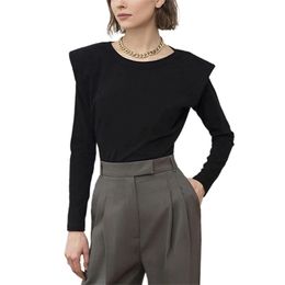 Vrouwen T-shirt Lange Regelmatige Mouw Pad Shoulder Solid Color Ronde Hals Trend Mode Stijlvolle Slanke montage 210522