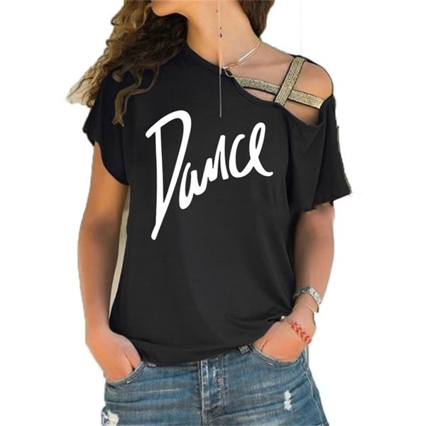 Femmes T-shirt Lâche Slash Cou T-shirt Dames Casual Lettre De Danse T-shirt D'été Casual Irrégulier Skew Cross Bandage Tops Tee 210330