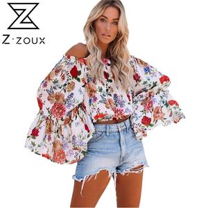 Vrouwen T-shirt Gedrukt Tee Vrouwelijke Slash Hals Off Shoulder T-shirt Flare Sleeve Korte Dames Tshirts Zomer Tops 210513