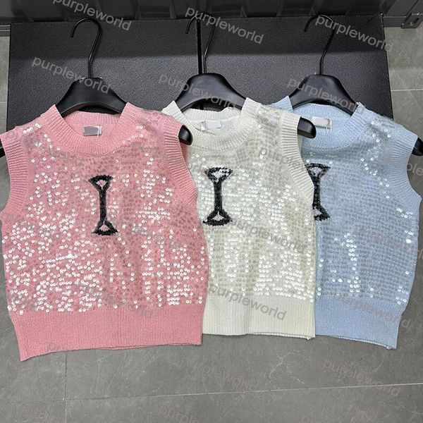 Femmes T-shirt Paillettes Débardeurs Recadrée Designer Tricots T-shirts Sans Manches Tricoté Sport Gilet