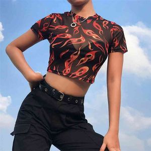 Dames T-shirt Sexy Dames Zomer Korte Mouw Crew Neck Sheer Mesh See-Through Transparent Angel Flame Print Top Slanke kleding 210522