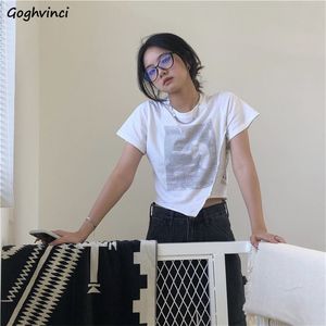 Camisetas de mujer con estampado asimétrico de manga corta, Tops cortos con diseños Harajuku, ropa de calle con ombligo, camisetas sexis Ulzzang con cuello redondo, todo combina con 220628