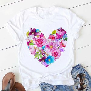 Femmes t-shirts amour coeur imprimé mode coréenne graphique été hauts femme O cou femme vêtements t-shirts chemises pour filles X0527