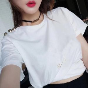 Camisetas de verano para mujer, camisetas con estampado de letras de algodón para mujer, camisetas informales de manga corta con cuello redondo, camisetas de Color sólido