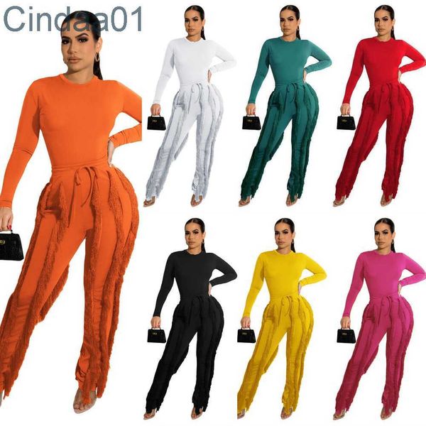 Femmes Gland Deux Pièces Pantalon Ensemble 2023 Vêtements d'automne Dames Manches Longues Body Combinaison Haut Et Pantalon À Cordon Tenues Assorties 8 couleurs