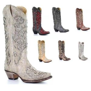 Vrouwen Taupe ingelegd Western Cowboy Laarzen Europese Amerikaanse laarzen retro mode dikke hak puntige mouw vrouwen XM437 211105