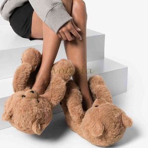 Femmes ours en peluche en peluche pantoufles dessin animé mignon ours maison pantoufle hiver chaud fourrure fausse fourrure diapositives femme fourrure tongs chaussures H1122