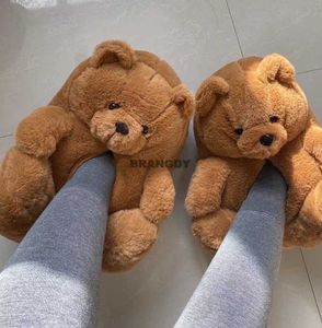 Femmes en peluche en peluche ours en peluche, pantoufle de maison jette pour invités hivernaux chauds à fourrure faux glisses de chaussures de bascule à fourrure à fourrure y0902