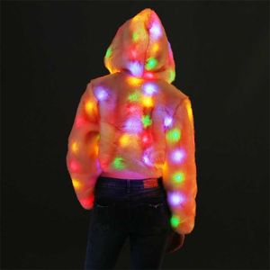 vrouwen teddy jas led licht mode faux bont met capuchon met jas met jas prom nachtclub kostuum konijnenbont roze jas partij sexy 211018