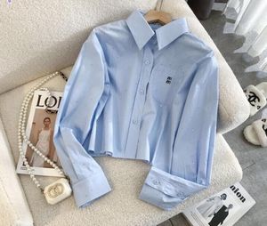 Mujeres tees blusa de lujo camisas diseñador camisa casual mius letras bordadas mangas largas cuello de polo de diamante caliente camiseta azul de alta calidad