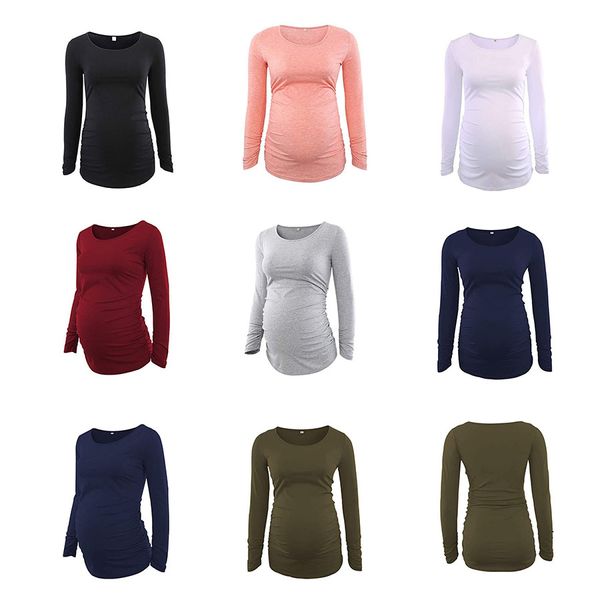 T-shirt da donna T-shirt premaman Manica lunga Girocollo Solido Lunghezza media Casual Top Abbigliamento Maternità Pullover Camicia M3173