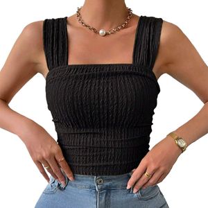 Vrouwen textureerde gewastanks top casual slanke fit ruches mouwloze shirts camis vierkante nek tops