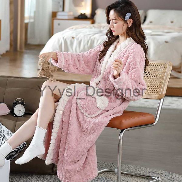 Mujeres térmicas de lujo franela larga bata de baño invierno sexy coral polar albornoz cálido kimono vestido de dama de honor batas x0822