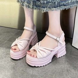 Dames dik zomerplatform gesp geworden 399 bodemschoenen 8 cm wiggen hakken casual sandalen comfortabele roze bowknot slippers f40