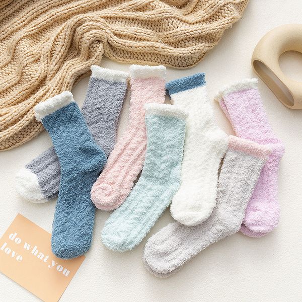 Femmes épais hiver chaud chaussettes moelleux floue sol sommeil Kawaii chaussettes coloré mignon thermique blanc doux velours Nylon chaussette