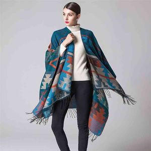 Vrouwen verdikte trui geometrische rhombus verlengde kasjmier nationale reis split shawl cape swing volledige batwing mouw 210427