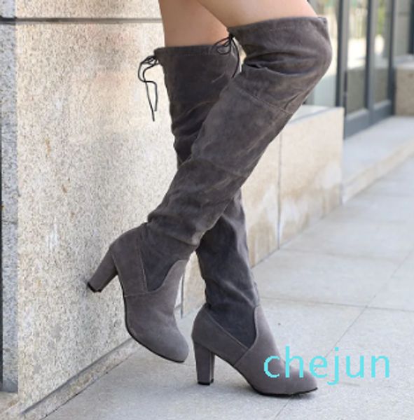 Femmes cuissardes mode daim cuir talons hauts à lacets femme sur le genou bottes grande taille chaussures goutte