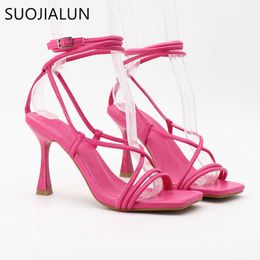 Women Thin SUOJIALUN Narrow Summer High Sandals Band Heel Ladies Elegant Pumps Square Toe Outdoor Gladiator Shoes T230208 251
