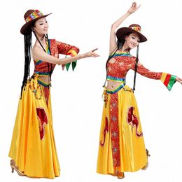 Costumes de danse tibétaine pour femmes, vêtements de danse Mgolian pour enfants, vêtements de scène, jupe de danse, Costume folklorique chinois c0fh #