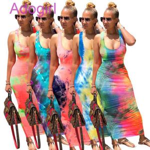 Femmes Tie Dye Print Sexy Long Robe Backless Bandage Maxi Robes sans manches Vintge Vestidos Beach Party Club Outfis Sund fouet