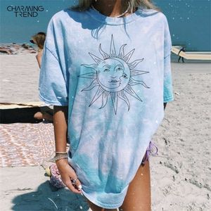 Vrouwen Tie Dye Sun Moon Print Casual Long T-Shirt Summer Ladies Vintage T-shirts met korte mouwen losse plus size vrouwelijke kleding 210702