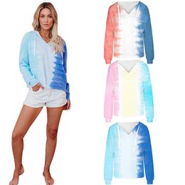 Vrouwen Tie Dye Dunne Hoodie Sweatshirts Herfst Sweatshirt Lange Mouw V-hals Dames Pullovers Casual Loose Hooded Shirt Tops Streetwear