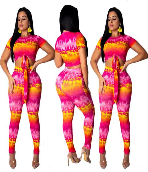 Mujeres Tie Dye Two Piece Pantalfits Trajes sexy estirado de manga corta Venta de manga Top de pantalones largos para la fiesta del club Rose Red2982898