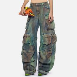 Jean Cargo en Denim délavé pour femmes, grand jean droit multi-poches, pantalon ample, Cool, Hiphop, Baggy, Streetwear