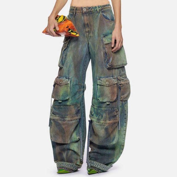 Mujer Tie Dye lavado Denim Cargo Big Multi-bolsillos rectos Jeans pantalones sueltos Cool Hiphop señora pantalones holgados ropa de calle
