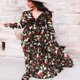 Femmes Tiered Pleat Ruffle Élégant Floral Impression Bohème Boho Manches Longues Maxi Robe Dames