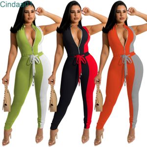 Vrouwen strakke broek sexy v-hals kleur matching fashion casual jumpsuit trekkoord rompertjes S-XL