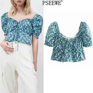 Vrouwen Top Blue Floral Print Bebouwde Blouse Vrouw Ruche Korte Puff Sleeve Vrouw Back Zip Chic Summer Blouses 210519