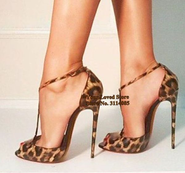 Zapatos de tacón alto con correa en T de leopardo de marca superior para mujer, zapatos de tacón de aguja con correa de hebilla concisa, zapatos de tacón de aguja para boda, venta