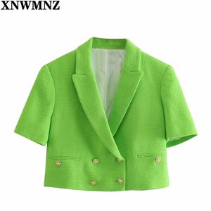 Femmes Top Vert Mode Texturé Blazer Court Femme Col de revers à manches courtes Manteau à double boutonnage Chic Tops 210520