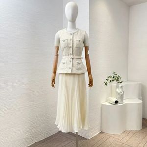 Dames Topkwaliteit Kleding Lente Beige Elegante Lovertjes Ingerichte Stijl Tweed Chiffon Patchwork Midi Tank Jurken 240226