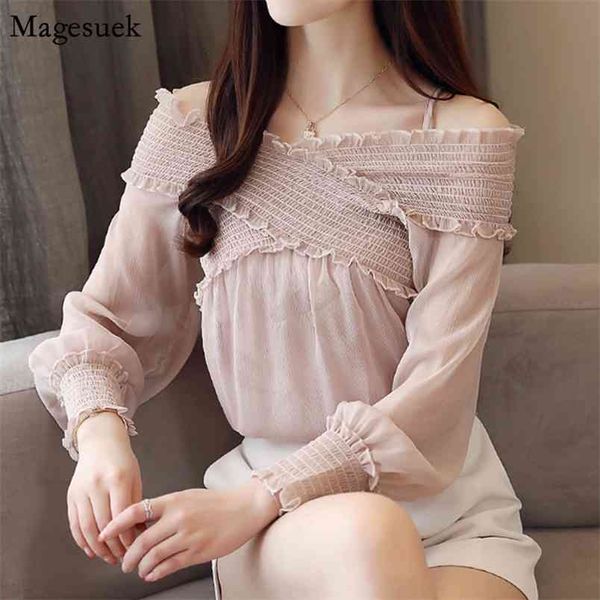 Femmes hauts et chemisiers épaules dénudées femme élégant en mousseline de soie Blouse solide chemise décontracté Slash cou Blusas 0780 30 210512