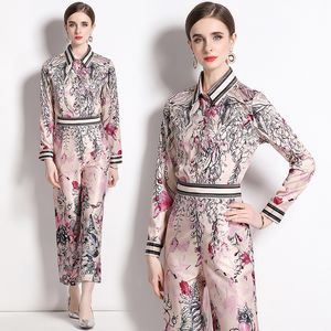 Femmes Tops et pantalons Ensembles Designer Deux pièces Ensemble élégant imprimé revers bouton imprimé chemise et pantalon large costumes 2023 printemps automne manches longues costumes de vacances décontractés