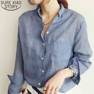 Women Tops Fashion Spring Summer Cotton Linen White Shirts Long Sleeve Blouses Korean Office Lady Clothes Blusas 3511 210506