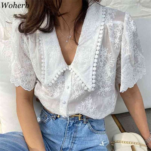 Femmes Tops coréen Chic Blouse été chemises blanches dentelle lourde Crochet Floral manches bouffantes Blouses Blusas 95521 210519