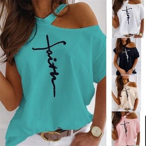 Vrouwen Tops Sexy Off Shoulder Summer T-shirts Casual Print T-shirt Korte Mouw O-hals Pullovers Mode Straat Tee 220328