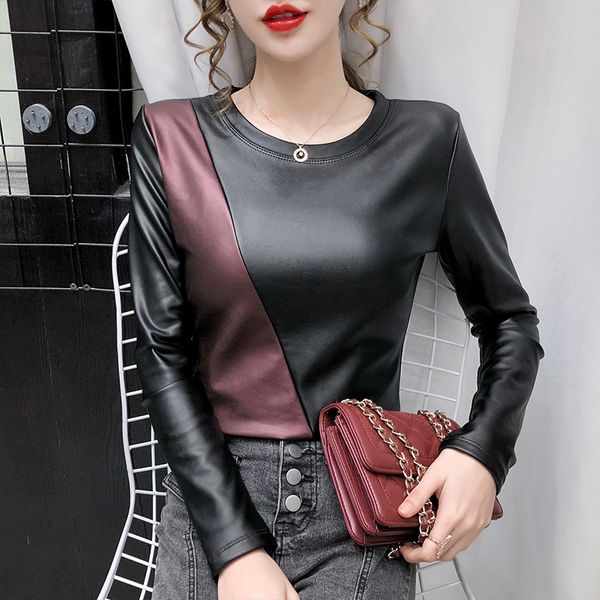 Femmes Tops Winter Long Manneve O Nerk Pu Leather T-shirts Plus Pillures chauds en toison 586J 210420