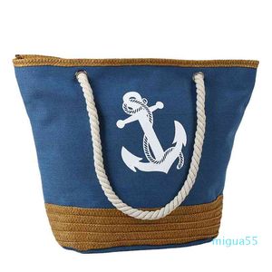 Bolso de mano de lona con ancla de hombro para mujer, bolso de verano con asa superior, bolso de playa de paja