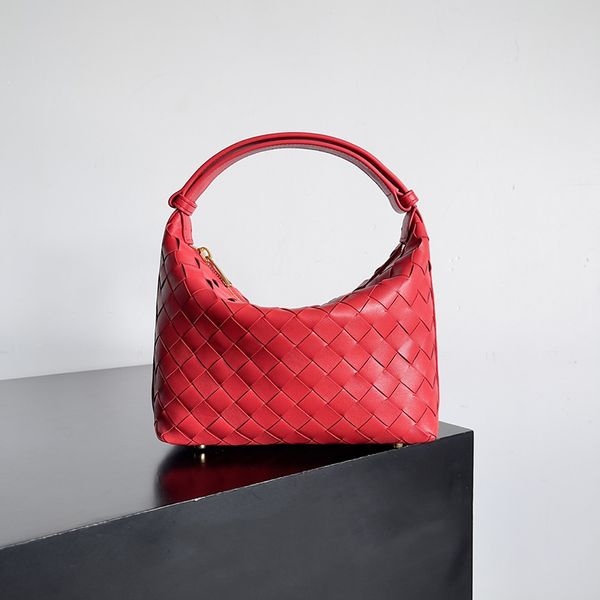 Bolso de mano a la moda para mujer, bolso de piel de cordero de napa, bolso de cuero tejido en negro y rojo, bolso de lujo para vestido de boda y fiesta, gran espacio