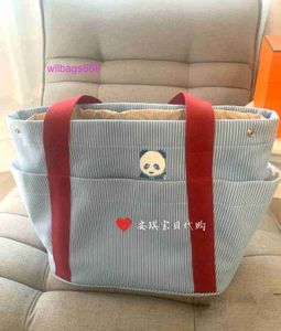 Sac à main fourre-tout pour femmes L Panda brodé à rayures bleues, sac de maman en toile, plage