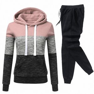 Femmes Survêtement Patchwork Sweats à capuche + pantalons de survêtement 2 pièces Ensemble Automne Hiver Polaire Fi Cusual Streetwear Femme Pull Costume 36Uj #