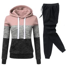 Chándal de mujer, sudaderas con capucha de retales, pantalones de chándal, conjunto de 2 piezas, Otoño Invierno, moda polar, ropa de calle informal, traje de jersey para mujer 240117